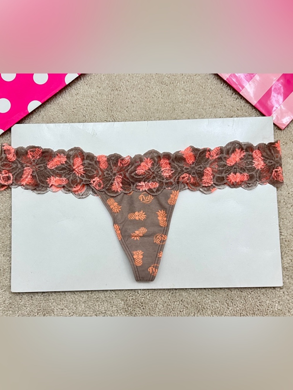 2017 Victoria's Secret PINK Pineapple Print Lace trim XLR thong panties Large L